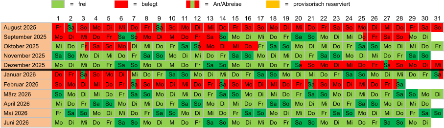 = frei = belegt = An/Abreise = provisorisch reserviert  August 2025 Fr Sa So Mo Di Mi Do Fr Sa So Mo Di Mi Do Fr Sa So Mo Di Mi Do Fr Sa So Mo Di Mi Do Fr Sa So  September 2025 Mo Di Mi Do Fr Sa So Mo Di Mi Do Fr Sa So Mo Di Mi Do Fr Sa So Mo Di Mi Do Fr Sa So Mo Di  Oktober 2025 Mi Do Fr Sa So Mo Di Mi Do Fr Sa So Mo Di Mi Do Fr Sa So Mo Di Mi Do Fr Sa So Mo Di Mi Do Fr  November 2025 Sa So Mo Di Mi Do Fr Sa So Mo Di Mi Do Fr Sa So Mo Di Mi Do Fr Sa So Mo Di Mi Do Fr Sa So  Dezember 2025 Mo Di Mi Do Fr Sa So Mo Di Mi Do Fr Sa So Mo Di Mi Do Fr Sa So Mo Di Mi Do Fr Sa So Mo Di Mi  Januar 2026 Do Fr Sa So Mo Di Mi Do Fr Sa So Mo Di Mi Do Fr Sa So Mo Di Mi Do Fr Sa So Mo Di Mi Do Fr Sa  Februar 2026 So Mo Di Mi Do Fr Sa So Mo Di Mi Do Fr Sa So Mo Di Mi Do Fr Sa So Mo Di Mi Do Fr Sa  März 2026 So Mo Di Mi Do Fr Sa So Mo Di Mi Do Fr Sa So Mo Di Mi Do Fr Sa So Mo Di Mi Do Fr Sa So Mo Di  April 2026 Mi Do Fr Sa So Mo Di Mi Do Fr Sa So Mo Di Mi Do Fr Sa So Mo Di Mi Do Fr Sa So Mo Di Mi Do  Mai 2026 Fr Sa So Mo Di Mi Do Fr Sa So Mo Di Mi Do Fr Sa So Mo Di Mi Do Fr Sa So Mo Di Mi Do Fr Sa So  Juni 2026 Mo Di Mi Do Fr Sa So Mo Di Mi Do Fr Sa So Mo Di Mi Do Fr Sa So Mo Di Mi Do Fr Sa So Mo Di 12 1 2 3 4 5 6 7 8 9 10 11 24 13 14 15 16 17 18 19 20 21 22 23 31 25 26 27 28 29 30