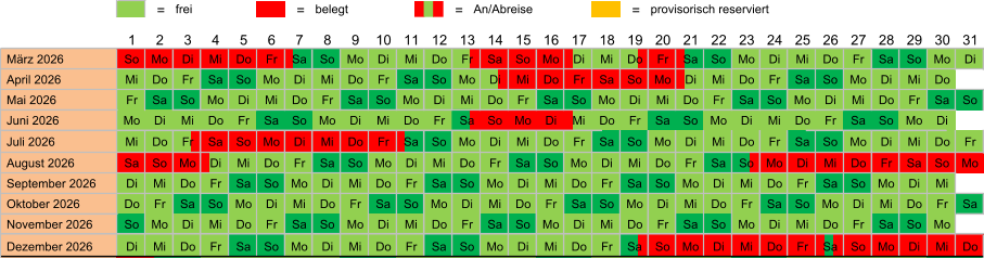 = frei = belegt = An/Abreise = provisorisch reserviert  März 2026 So Mo Di Mi Do Fr Sa So Mo Di Mi Do Fr Sa So Mo Di Mi Do Fr Sa So Mo Di Mi Do Fr Sa So Mo Di  April 2026 Mi Do Fr Sa So Mo Di Mi Do Fr Sa So Mo Di Mi Do Fr Sa So Mo Di Mi Do Fr Sa So Mo Di Mi Do  Mai 2026 Fr Sa So Mo Di Mi Do Fr Sa So Mo Di Mi Do Fr Sa So Mo Di Mi Do Fr Sa So Mo Di Mi Do Fr Sa So  Juni 2026 Mo Di Mi Do Fr Sa So Mo Di Mi Do Fr Sa So Mo Di Mi Do Fr Sa So Mo Di Mi Do Fr Sa So Mo Di  Juli 2026 Mi Do Fr Sa So Mo Di Mi Do Fr Sa So Mo Di Mi Do Fr Sa So Mo Di Mi Do Fr Sa So Mo Di Mi Do Fr  August 2026 Sa So Mo Di Mi Do Fr Sa So Mo Di Mi Do Fr Sa So Mo Di Mi Do Fr Sa So Mo Di Mi Do Fr Sa So Mo  September 2026 Di Mi Do Fr Sa So Mo Di Mi Do Fr Sa So Mo Di Mi Do Fr Sa So Mo Di Mi Do Fr Sa So Mo Di Mi  Oktober 2026 Do Fr Sa So Mo Di Mi Do Fr Sa So Mo Di Mi Do Fr Sa So Mo Di Mi Do Fr Sa So Mo Di Mi Do Fr Sa  November 2026 So Mo Di Mi Do Fr Sa So Mo Di Mi Do Fr Sa So Mo Di Mi Do Fr Sa So Mo Di Mi Do Fr Sa So Mo  Dezember 2026 Di Mi Do Fr Sa So Mo Di Mi Do Fr Sa So Mo Di Mi Do Fr Sa So Mo Di Mi Do Fr Sa So Mo Di Mi Do 31 25 26 27 28 29 30 24 13 14 15 16 17 18 19 20 21 22 23 12 1 2 3 4 5 6 7 8 9 10 11