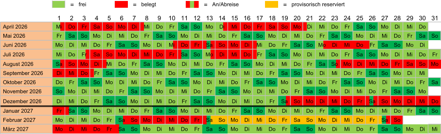 = frei = belegt = An/Abreise = provisorisch reserviert  April 2026 Mi Do Fr Sa So Mo Di Mi Do Fr Sa So Mo Di Mi Do Fr Sa So Mo Di Mi Do Fr Sa So Mo Di Mi Do  Mai 2026 Fr Sa So Mo Di Mi Do Fr Sa So Mo Di Mi Do Fr Sa So Mo Di Mi Do Fr Sa So Mo Di Mi Do Fr Sa So  Juni 2026 Mo Di Mi Do Fr Sa So Mo Di Mi Do Fr Sa So Mo Di Mi Do Fr Sa So Mo Di Mi Do Fr Sa So Mo Di  Juli 2026 Mi Do Fr Sa So Mo Di Mi Do Fr Sa So Mo Di Mi Do Fr Sa So Mo Di Mi Do Fr Sa So Mo Di Mi Do Fr  August 2026 Sa So Mo Di Mi Do Fr Sa So Mo Di Mi Do Fr Sa So Mo Di Mi Do Fr Sa So Mo Di Mi Do Fr Sa So Mo  September 2026 Di Mi Do Fr Sa So Mo Di Mi Do Fr Sa So Mo Di Mi Do Fr Sa So Mo Di Mi Do Fr Sa So Mo Di Mi  Oktober 2026 Do Fr Sa So Mo Di Mi Do Fr Sa So Mo Di Mi Do Fr Sa So Mo Di Mi Do Fr Sa So Mo Di Mi Do Fr Sa  November 2026 So Mo Di Mi Do Fr Sa So Mo Di Mi Do Fr Sa So Mo Di Mi Do Fr Sa So Mo Di Mi Do Fr Sa So Mo  Dezember 2026 Di Mi Do Fr Sa So Mo Di Mi Do Fr Sa So Mo Di Mi Do Fr Sa So Mo Di Mi Do Fr Sa So Mo Di Mi Do  Januar 2027 Fr Sa So Mo Di Mi Do Fr Sa So Mo Di Mi Do Fr Sa So Mo Di Mi Do Fr Sa So Mo Di Mi Do Fr Sa So  Februar 2027 Mo Di Mi Do Fr Sa So Mo Di Mi Do Fr Sa So Mo Di Mi Do Fr Sa So Mo Di Mi Do Fr Sa So  März 2027 Mo Di Mi Do Fr Sa So Mo Di Mi Do Fr Sa So Mo Di Mi Do Fr Sa So Mo Di Mi Do Fr Sa So Mo Di Mi 31 25 26 27 28 29 30 24 13 14 15 16 17 18 19 20 21 22 23 12 1 2 3 4 5 6 7 8 9 10 11