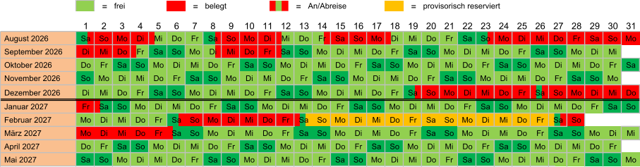 = frei = belegt = An/Abreise = provisorisch reserviert  August 2026 Sa So Mo Di Mi Do Fr Sa So Mo Di Mi Do Fr Sa So Mo Di Mi Do Fr Sa So Mo Di Mi Do Fr Sa So Mo  September 2026 Di Mi Do Fr Sa So Mo Di Mi Do Fr Sa So Mo Di Mi Do Fr Sa So Mo Di Mi Do Fr Sa So Mo Di Mi  Oktober 2026 Do Fr Sa So Mo Di Mi Do Fr Sa So Mo Di Mi Do Fr Sa So Mo Di Mi Do Fr Sa So Mo Di Mi Do Fr Sa  November 2026 So Mo Di Mi Do Fr Sa So Mo Di Mi Do Fr Sa So Mo Di Mi Do Fr Sa So Mo Di Mi Do Fr Sa So Mo  Dezember 2026 Di Mi Do Fr Sa So Mo Di Mi Do Fr Sa So Mo Di Mi Do Fr Sa So Mo Di Mi Do Fr Sa So Mo Di Mi Do  Januar 2027 Fr Sa So Mo Di Mi Do Fr Sa So Mo Di Mi Do Fr Sa So Mo Di Mi Do Fr Sa So Mo Di Mi Do Fr Sa So  Februar 2027 Mo Di Mi Do Fr Sa So Mo Di Mi Do Fr Sa So Mo Di Mi Do Fr Sa So Mo Di Mi Do Fr Sa So  März 2027 Mo Di Mi Do Fr Sa So Mo Di Mi Do Fr Sa So Mo Di Mi Do Fr Sa So Mo Di Mi Do Fr Sa So Mo Di Mi  April 2027 Do Fr Sa So Mo Di Mi Do Fr Sa So Mo Di Mi Do Fr Sa So Mo Di Mi Do Fr Sa So Mo Di Mi Do Fr  Mai 2027 Sa So Mo Di Mi Do Fr Sa So Mo Di Mi Do Fr Sa So Mo Di Mi Do Fr Sa So Mo Di Mi Do Fr Sa So Mo 12 1 2 3 4 5 6 7 8 9 10 11 24 13 14 15 16 17 18 19 20 21 22 23 31 25 26 27 28 29 30